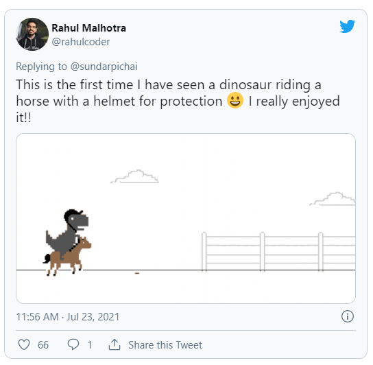Sundar Pichai Twiter posts of Google's dino chrome game, it has a shock - Must Try.